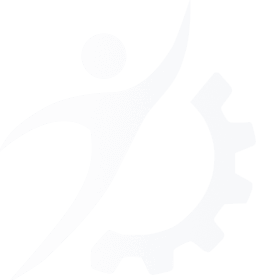 Human Form with a Gear Wheel stylized white icon